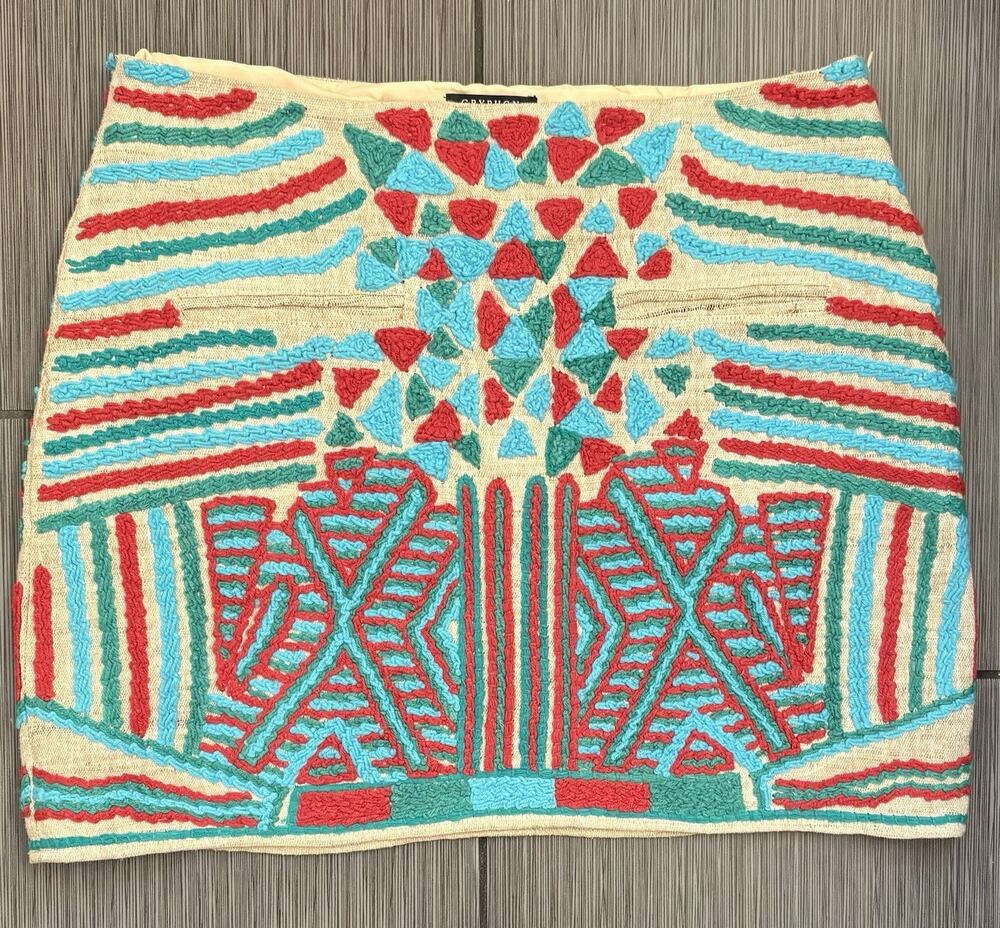 Gryphon Silk Blend Bohemian Embroidered Art to Wear Mini Skirt Women’s Large